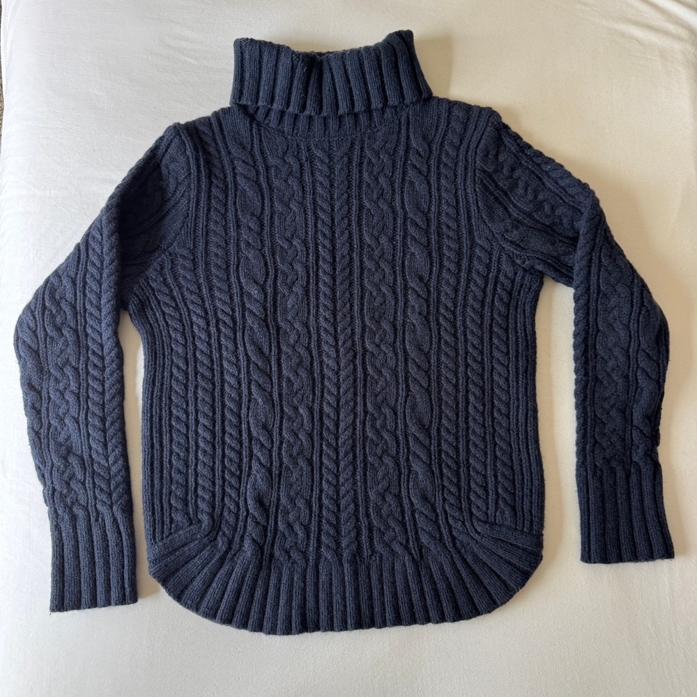 Duluth Trading Co Wool Cashmere Cable Knit Turtleneck Sweater L Navy Fisherman - Picture 4 of 6